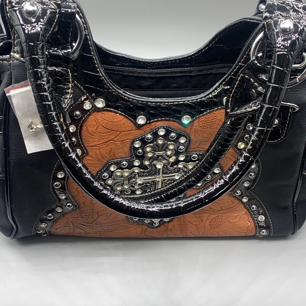 Black Brown Tool Embossed Cross Accent Stud Shoulder Concealed Bag